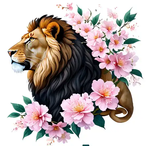 lion sakura flowers tattoo design idea
