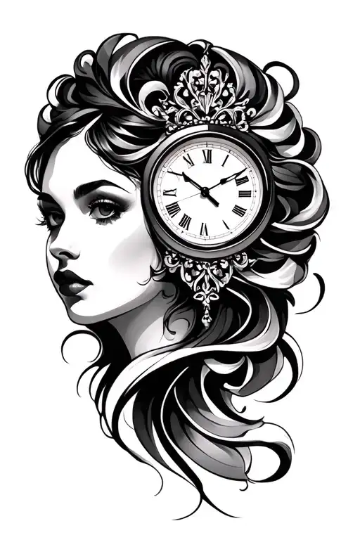woman face clock tattoo design idea