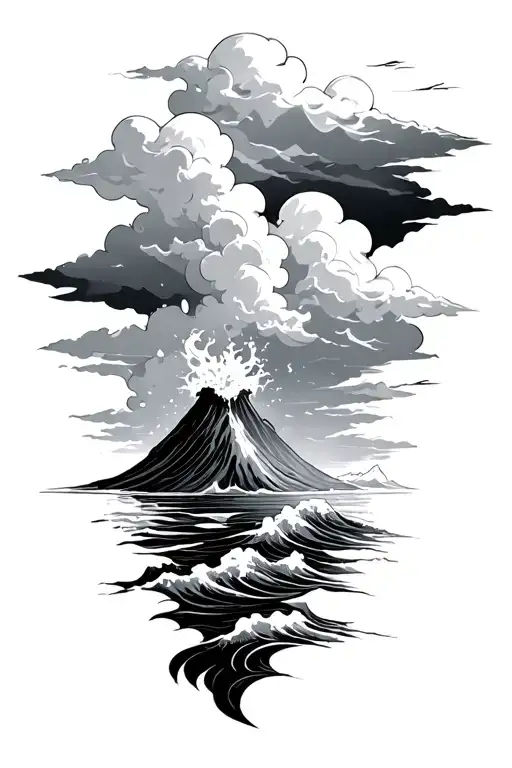 volcano waves clouds tattoo design idea