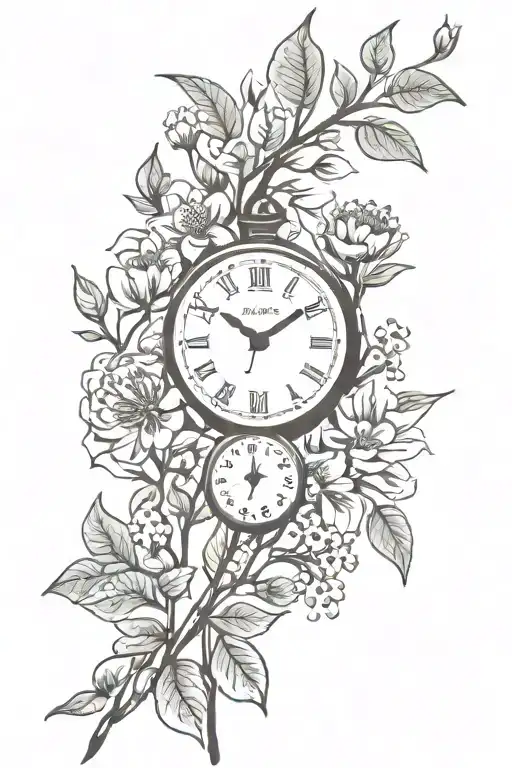hawthorn flower blooming, clock, name written tattoo design idea