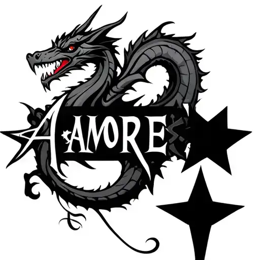 "AMORE" three stars and dragon and abstract lines to combine tattoo design idea