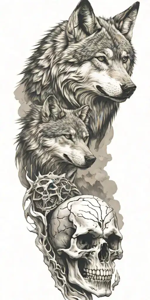 mountains and wolf head and skull  tattoo design idea