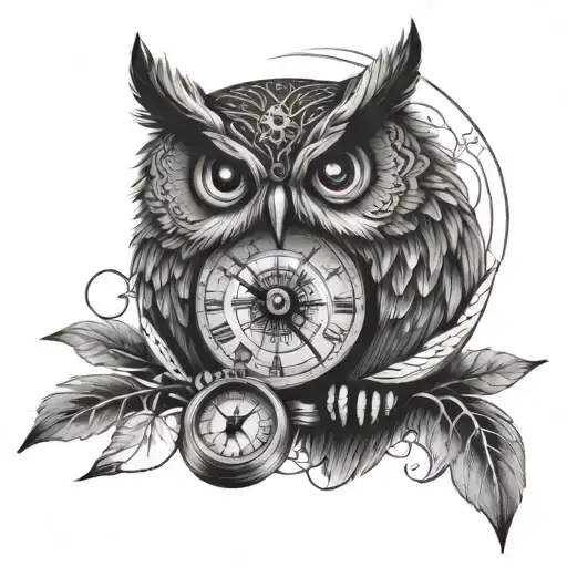 owl with compass and clock tattoo design idea
