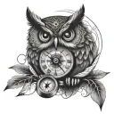 owl with compass and clock tattoo design idea