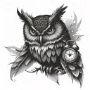 owl with compass and clock tattoo design idea