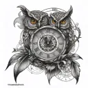 owl with compass and clock tattoo design idea