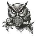 owl with compass and clock tattoo design idea