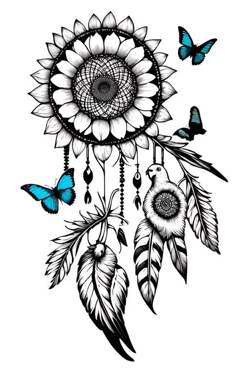 dream catcher with sunflowers and parrots flying and butterflies  tattoo design idea