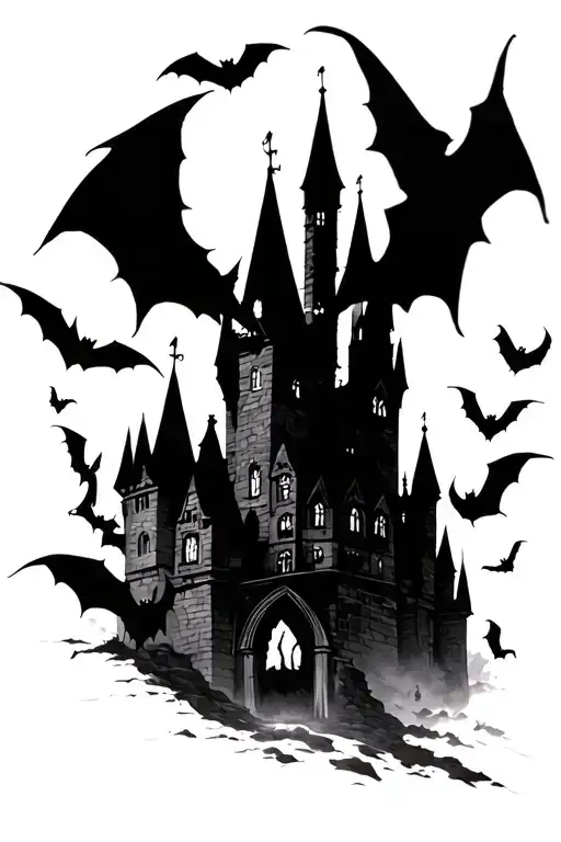 bats flying out of a gothic castle silhouette in the background.  tattoo design idea