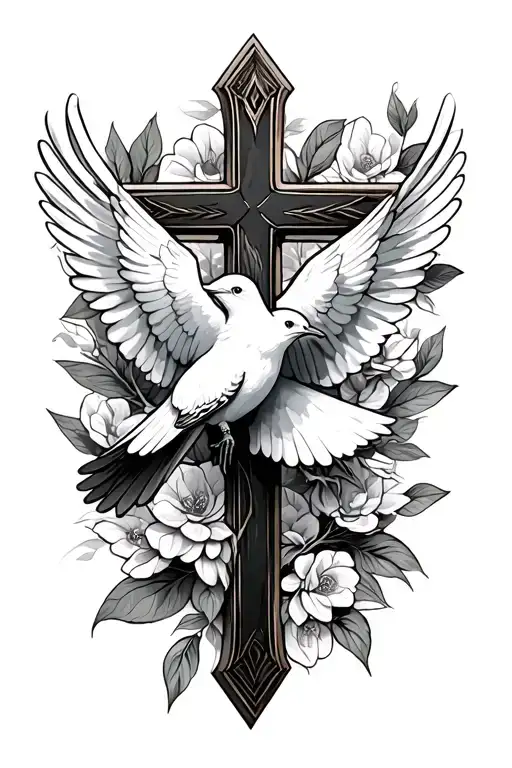 cross and dove perched tattoo design idea