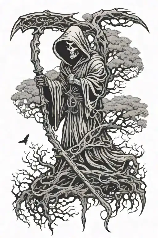 Grim Reaper Tree Of Life with scythe Japanese style tattoo design idea