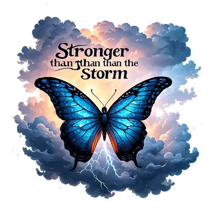 "Stronger than the storm" "Stronger than the storm" "Stronger than the storm" butterfly emerging from storm clouds forming the shape lightening tattoo design idea