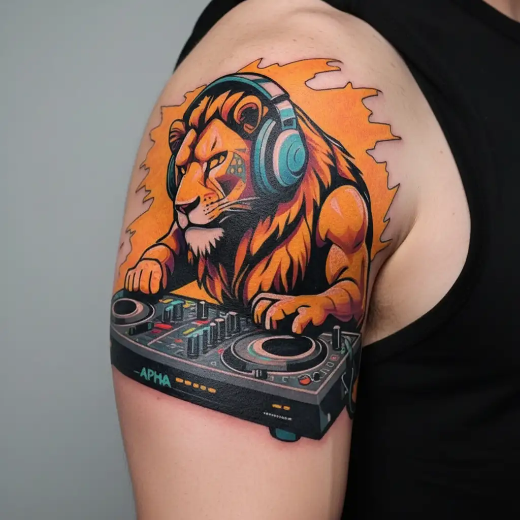 alpha leonis, dj deck with headphones tattoo design idea
