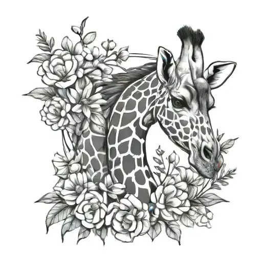 giraffe surrounded by flowers tattoo design idea