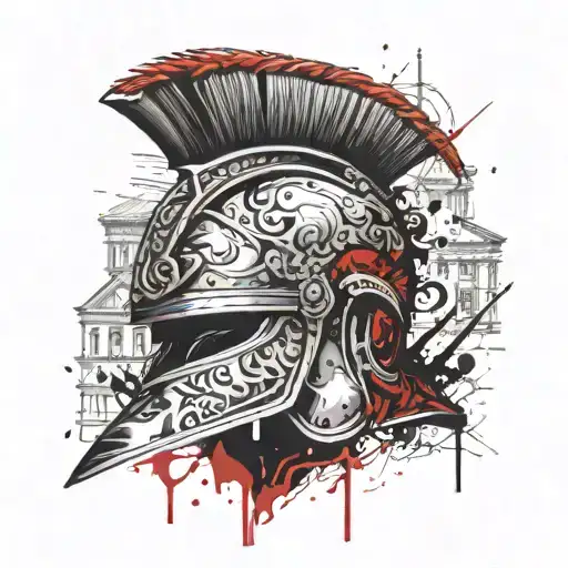 roman soldier helmet with roman architecture tattoo design idea
