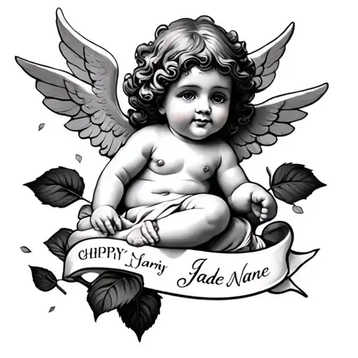 Rose petals with a happy cherub on them and Jade's name written on them tattoo design idea