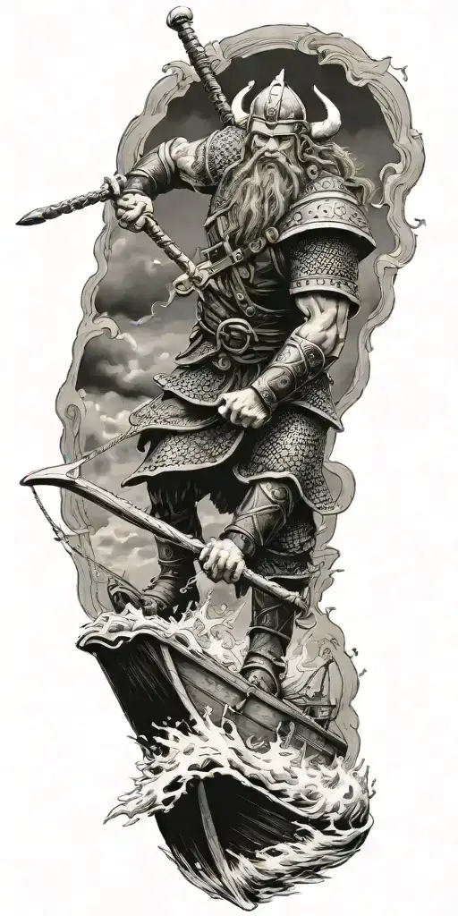 A Norse Viking warrior sailing on a clipper ship in a stormy sea, wielding a mighty axe tattoo design idea