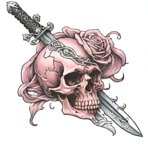 pink skull with a sword pierced by a sword behind the skull tattoo design idea
