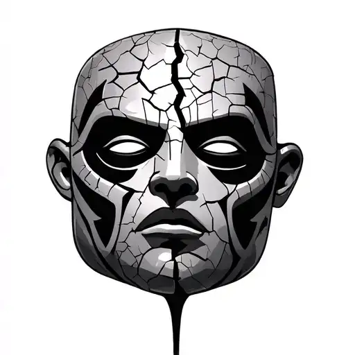  a cracked, ancient-looking partial face mask. weathered stone or clay.The expression is solemn and mysterious tattoo design idea
