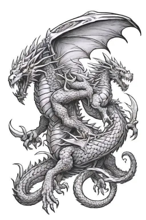Medieval fantasy battle with dragon breathing fire tattoo design idea