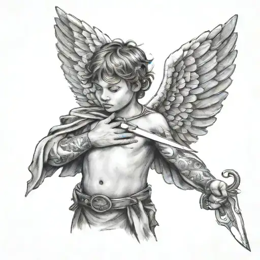 a child with knife and wings protecting the chest tattoo, ideas behing: protecting inner child, trauma, pain tattoo design idea