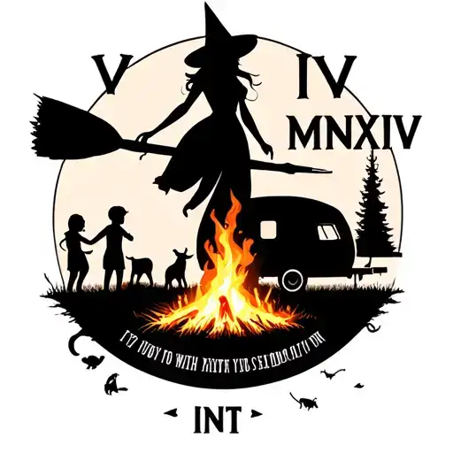 "IV V MMXIV" silhouette of busty sexy witch bride on broomstick over a campsite with a trailer and campfire with children & dog tattoo design idea