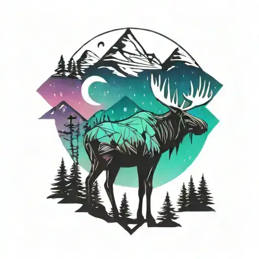 Mountain Moon Northern Lights Moose looking tattoo design idea