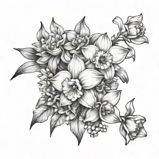 holly and narcissus and daisy and sweet pea flowers tattoo design idea