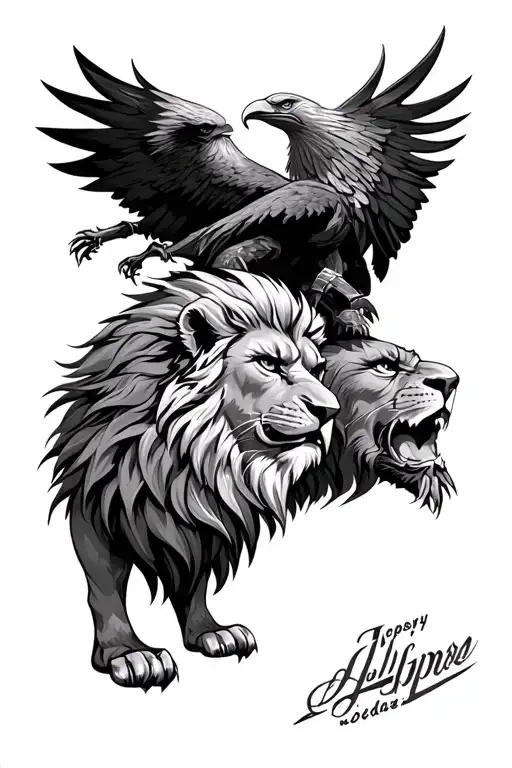 Lion and Viking with eagles in the background tattoo design idea