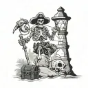 A Skeleton pirate standing on an island next to a treasure chest holding a lantern tattoo design idea