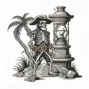 A Skeleton pirate standing on an island next to a treasure chest holding a lantern tattoo design idea