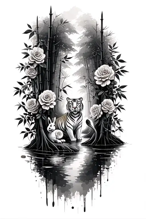 Forest of bamboo full of roses. Stream of water in the middle with a tiger and rabbit. Trash polka with paint brush  tattoo design idea