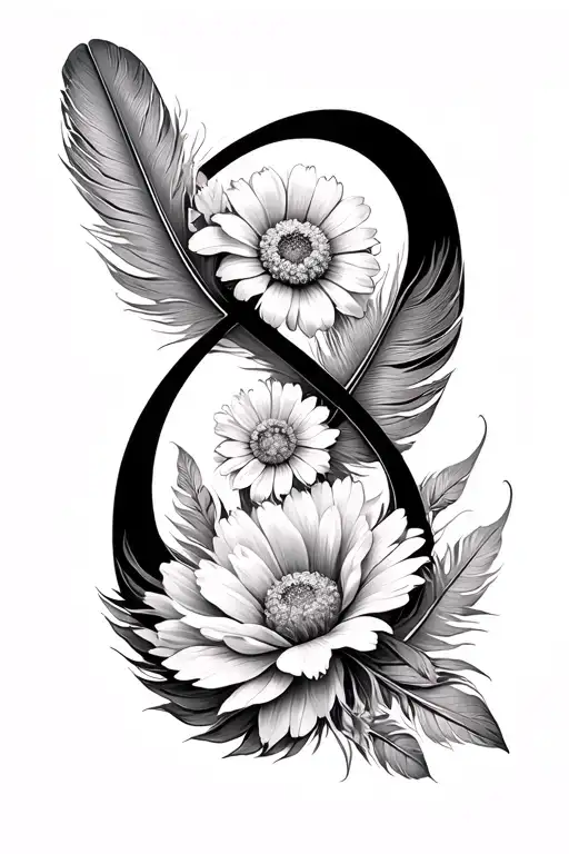 feather infinity sign and marigold flower growing tattoo design idea