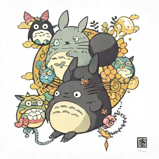 Create a tatto in the new traditional style with these Studio Ghibli characters: Mei, Totoro, Kiki, Jiji and Haku in the tattoo design idea