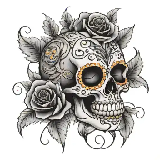 colorful realistic sugar skull with marigolds in eyes, roses around tattoo design idea