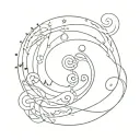 with a spiral symbolizing development and freedom, ocean waves, mineral crystals, miniature people, 7 chakras tattoo design idea