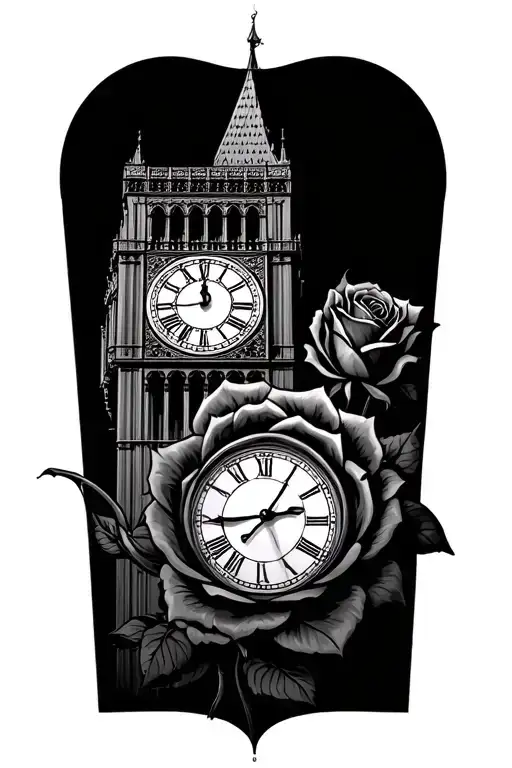 clock tower rose intertwined tattoo design idea