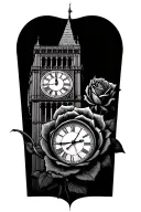 clock tower rose intertwined tattoo design idea
