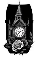 clock tower rose intertwined tattoo design idea
