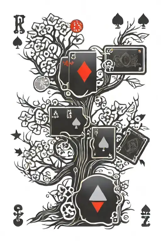 Intricate tree of life design with poker chips and playing cards scattered throughout tattoo design idea