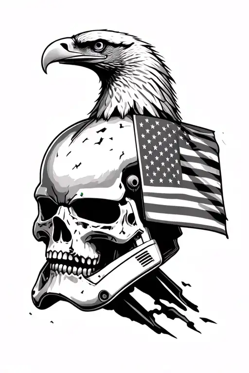 small star wars helmet with broken skull with huge eagle on top of it mixed in with a realistic american flag on top tattoo design idea