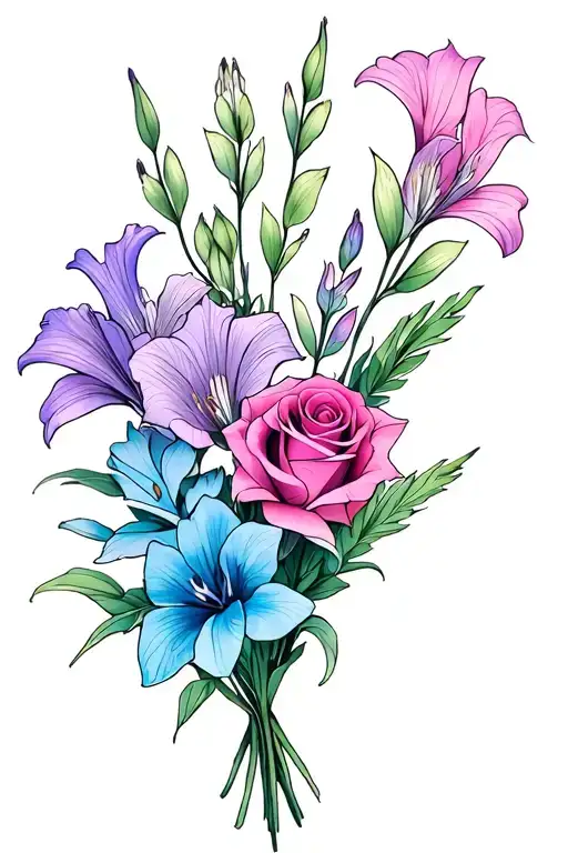 gladiolus, jonquil, rose, sweet pea birth flower bouquet. I like colors: blues, pinks, purples, cyan tattoo design idea
