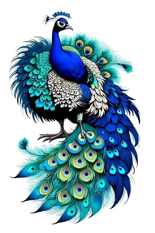A large peacock with its tail pointing down, with a combination of black, turquoise, and blue. tattoo design idea