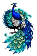 A large peacock with its tail pointing down, with a combination of black, turquoise, and blue. tattoo design idea