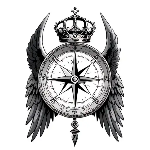 beginner Compass facing north with a Cross angel wings crown tattoo design idea