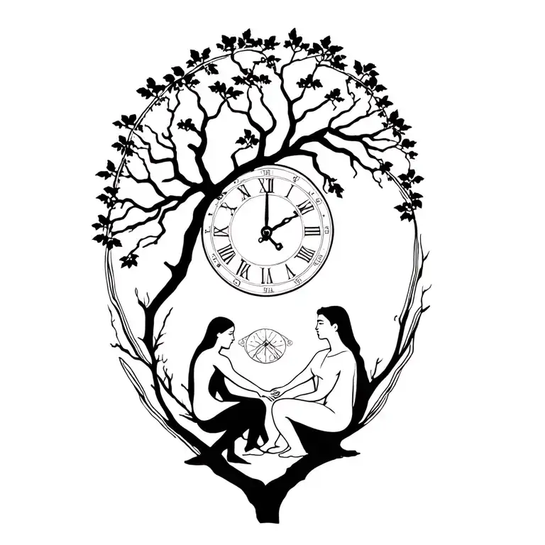 Mother Nature and Father Time sitting underneath the branches of the Tree of Life tattoo design idea