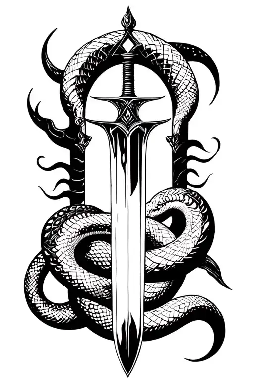 sword around which snakes develop, cathedral, patterns tattoo design idea