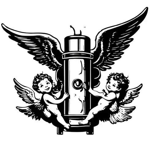 cartoon tnt detonator and cherub with wings tattoo design idea