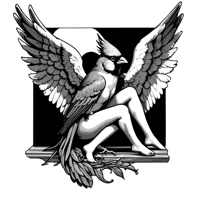 angel wings with cardinal sitting tattoo design idea