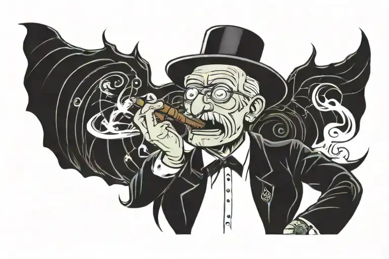 Black and white tattoo design of a personified pickle ( likle pickle rick ) smoking a cigar,  tattoo design idea